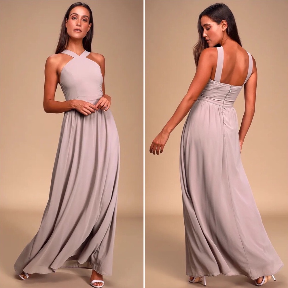 Lulu’s Air of Romance Taupe Maxi Dress